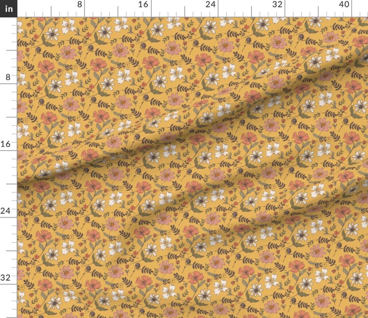 Vintage Botanical Cottage Core Retro Floral 70S Flowers Gold Custom Printed Fabric by Spoonflower Various Fabrics by the Yard or Fat Quarter